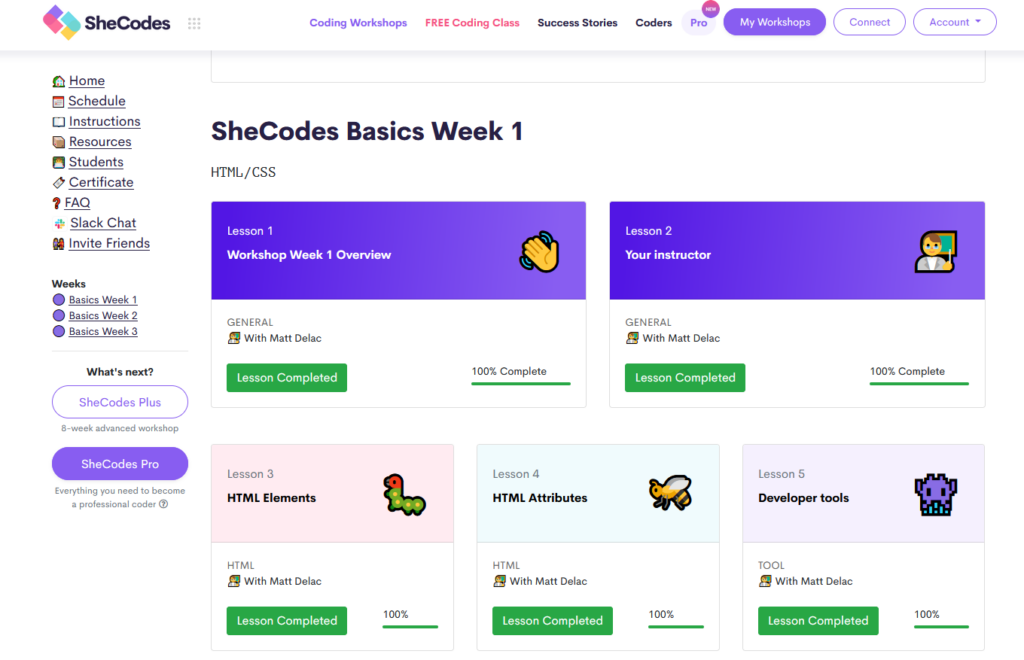 Screenshot website SheCodes (workshop basisvaardigheden programmeren leren)